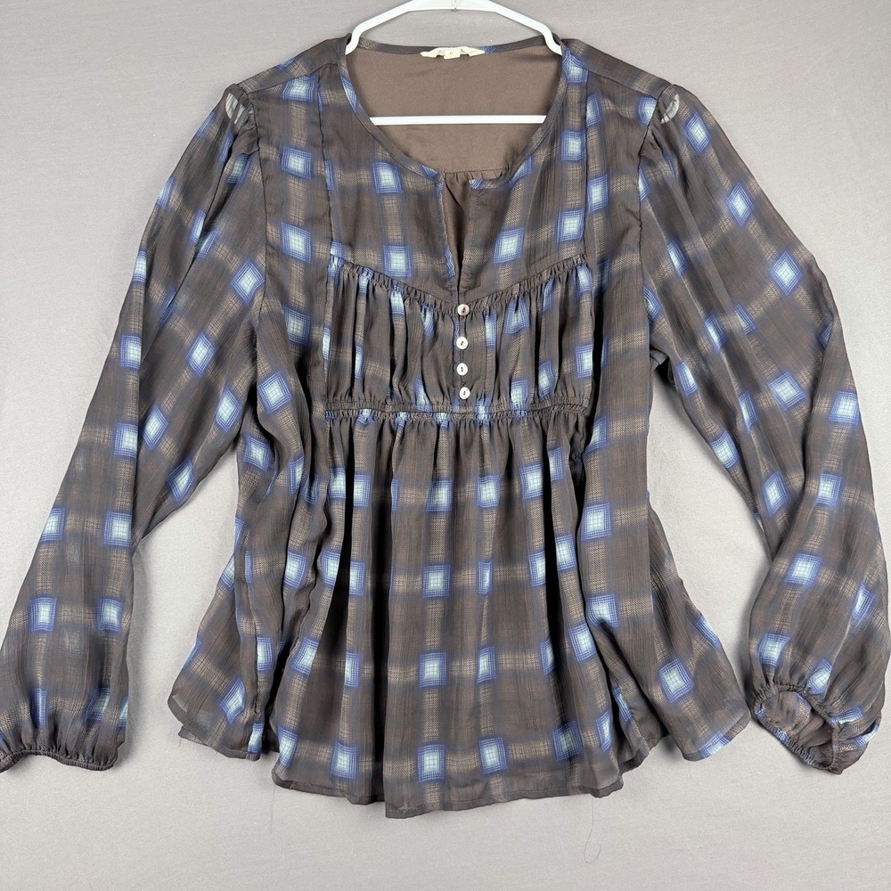 Lucky Brand Blue Brown Plaid Button Blouse XL Round Neck Long Sleeve Casual